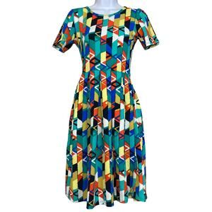 NEW LuLalRoe Amelia Dress Colorful Fit Flare Geometric Pattern Pleat Stretch XXS